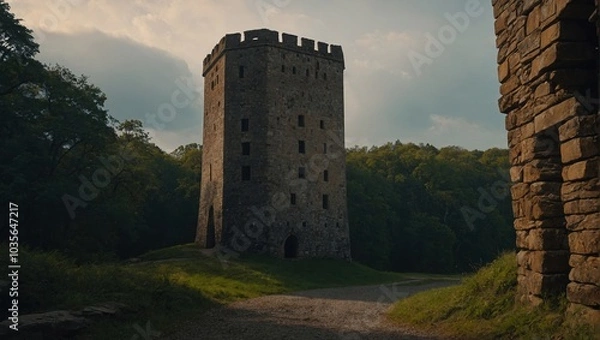 Fototapeta A stunning archer tower illuminated by the soft glow of sunset creates warmth and intimacy