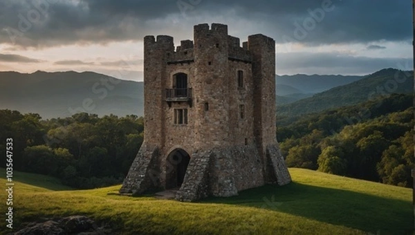 Fototapeta A stunning archer tower illuminated by twilight inspires dreams and ignites the imagination