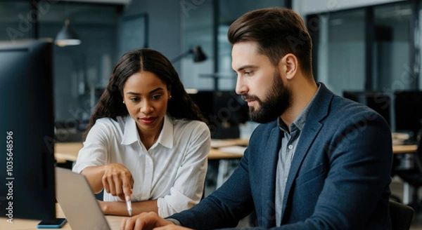 Fototapeta Man and a woman working together in office looking at a laptop computer.