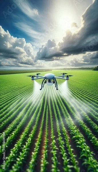 Obraz High-Tech Agricultural Drone Spraying Fertilizer Over a Green Crop Field, Showcasing Precision Farming Technology and Sustainable Practices Under a Partly Cloudy Sky