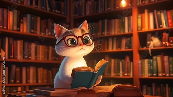 Obraz A cute 2D cartoon character of a clever cat reading book in library