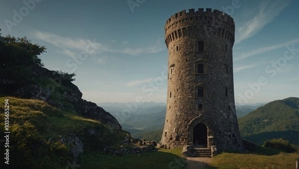Fototapeta An ancient archer tower overlooking a tranquil lake inspires peace and reflection