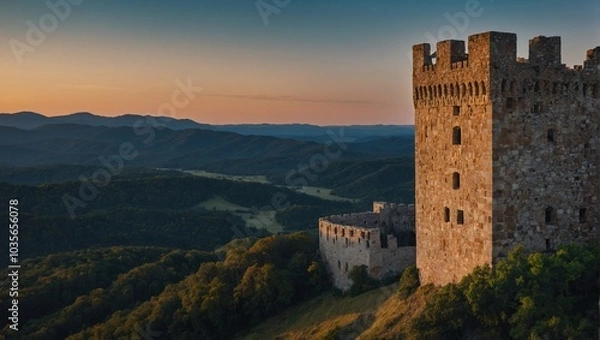 Fototapeta An ancient archer tower shrouded in mist creates an air of mystery