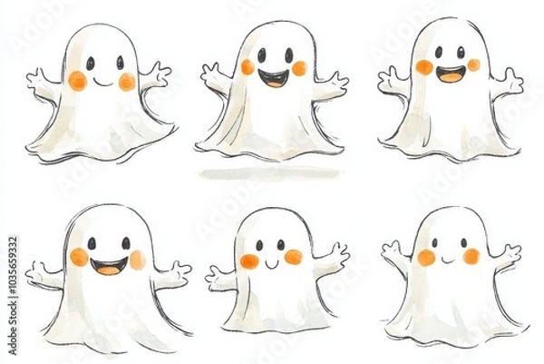 Fototapeta Playful and Friendly Ghosts with Welcoming Expressions in Cartoon Style