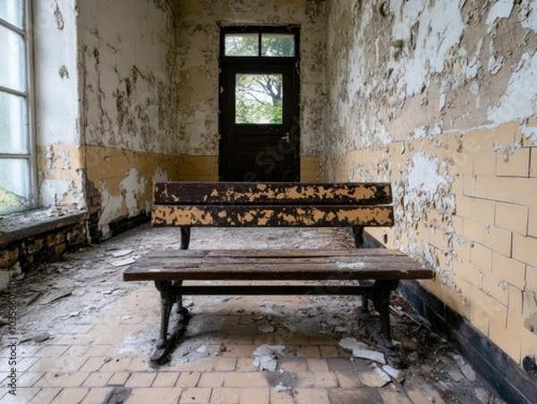 Fototapeta An abandoned room with a weathered bench, peeling walls, and a door, evoking a sense of decay and solitude.