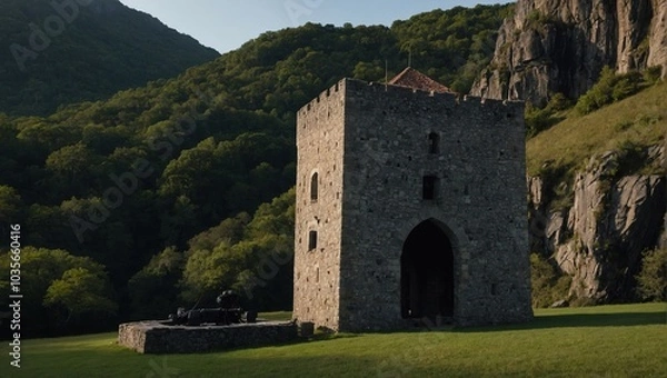 Fototapeta An archer tower bathed in sunset creates a magical atmosphere