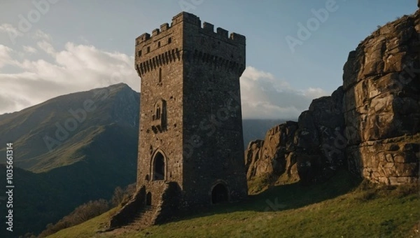 Fototapeta An artist's rendering of a fantastical archer tower nestled within a magical forest full of enchantment