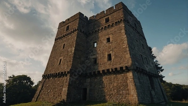 Fototapeta An elegant archer tower framed by blooming gardens enhances the area’s natural beauty