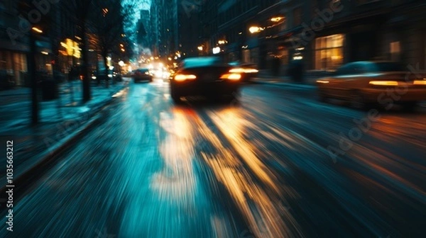 Fototapeta A high-speed getaway scene after a daring theft, a car speeding through city streets at night, tire marks on the asphalt, adrenaline-filled,