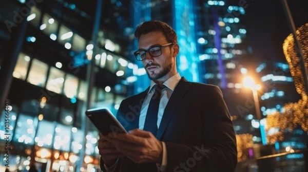 Fototapeta A professional businessperson holding an advanced smart device, making crucial decisions on the go.