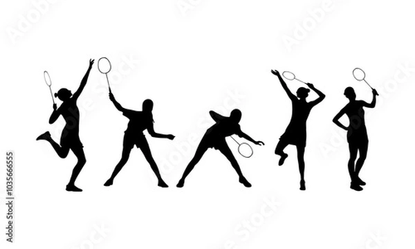 Fototapeta Female badminton player silhouette. Badminton player silhouette vector. Set of silhouettes of women athletes or badminton players isolated on a white background.