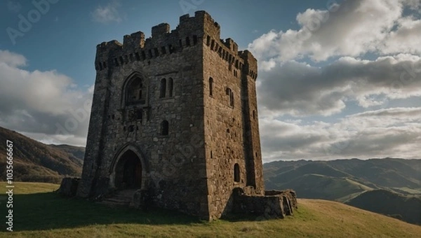 Fototapeta An enchanting archer tower framed by vibrant foliage creates a stunning backdrop