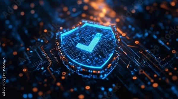 Fototapeta Blue shield with iron checkmark surrounded by binary code and glowing digital lines, set against a dark background to emphasize the light effects of data security symbols and cyber protection.