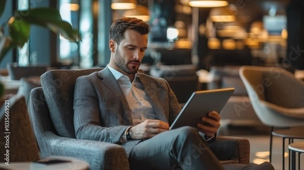 Fototapeta Executive reviewing travel itineraries and business strategies while waiting at a high-end airport lounge.