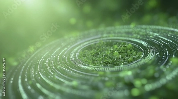 Fototapeta Circular economy models visual with recycling loops, sleek digital interface, soft green tones
