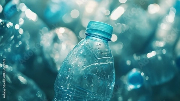 Fototapeta Plastic water bottle with condensation droplets, surrounded by blurred reflective surfaces creating a mesmerizing aqua-toned bokeh effect. Hydration meets art.
