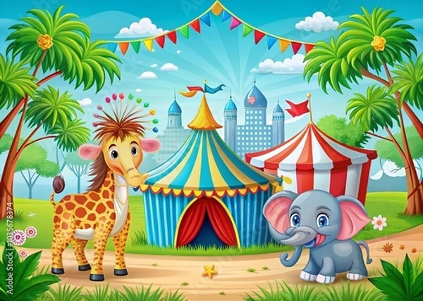 Fototapeta Cute African Animals in Circus Scene with Elephant, Zebra, Giraffe, and Palms for Vibrant Card Design