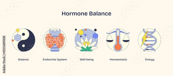 Fototapeta Hormone balance depicted with yin-yang, scales, and DNA helix, symbolizing equilibrium and health. Neubrutalism style