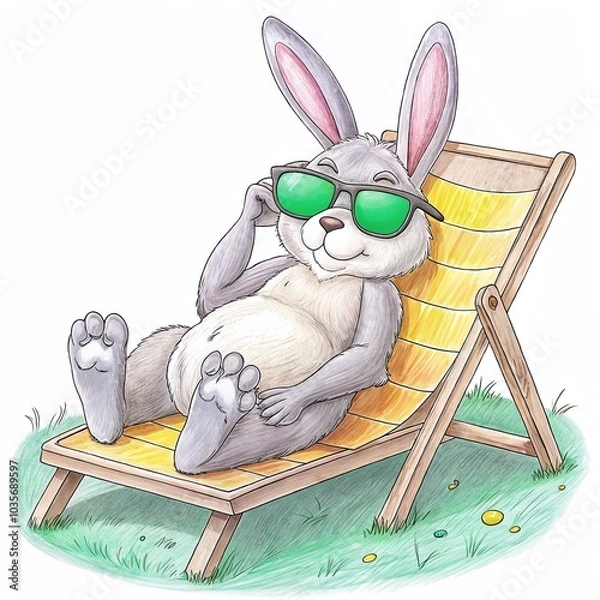 Obraz Relaxing Easter bunny wearing sunglasses in deck chair, cartoon style