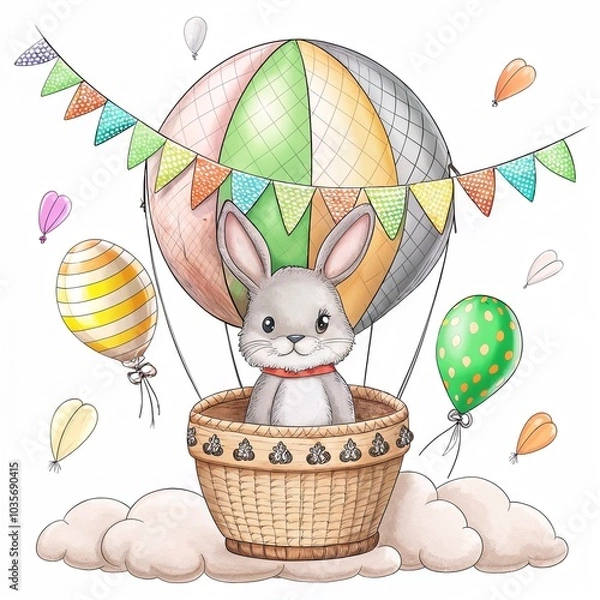Obraz Bunny in hot air balloon with colorful bunting, cartoon style, festive scene