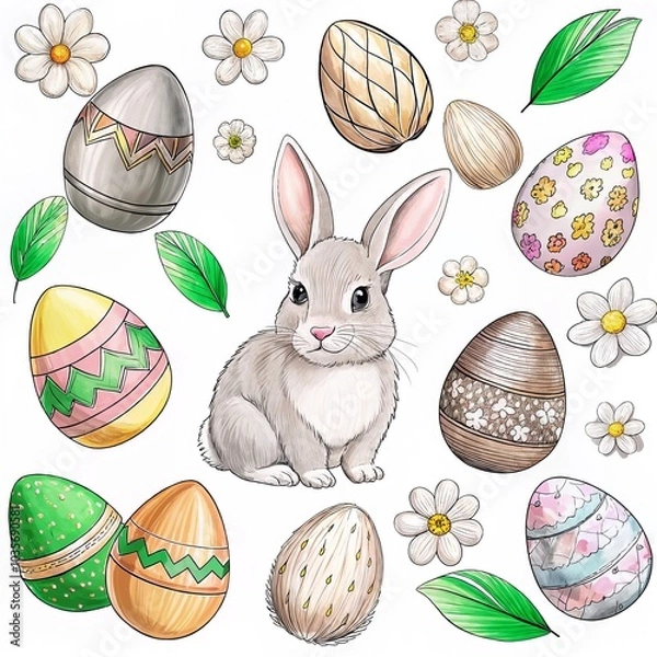 Obraz Easter bunny and decorated eggs with flowers, festive holiday illustration