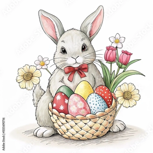 Obraz Bunny with Easter basket and flowers, cartoon style, spring holiday theme