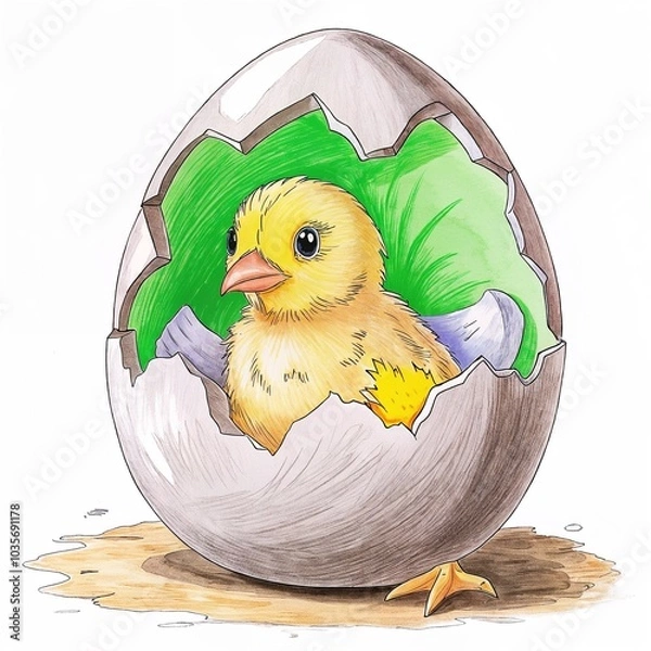 Obraz Cute chick hatching from egg, cartoon style, green background