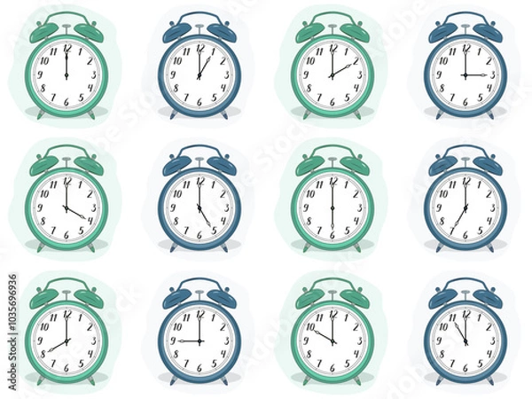 Fototapeta Vector illustration of analog alarm clocks with handwritten numbers. 0, 1, 2, 3, 4, 5, 6, 7, 8, 9, 10, 11, 12, 13, 14, 15, 16, 17, 18, 19, 20, 21, 22, 23, 24 o'clock. Blue and green cases.