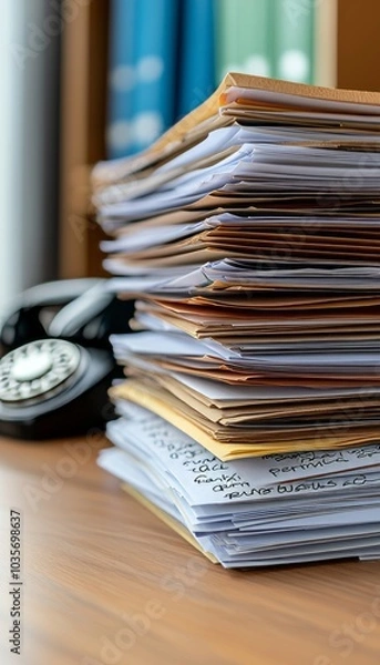 Fototapeta A cluttered stack of paperwork beside a vintage telephone on a wooden desk in an office setting.