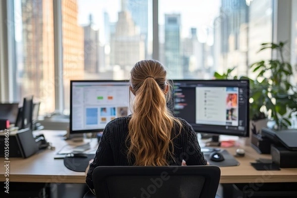 Fototapeta Woman working at her desk, Generative AI
