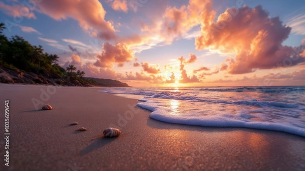 Fototapeta A low angle image capturing a serene beach scene during at sunset.