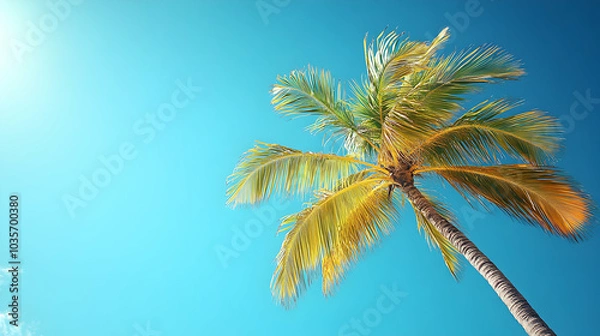 Fototapeta Tropical Palm Tree Swaying in the Wind Against a Blue Sky Background