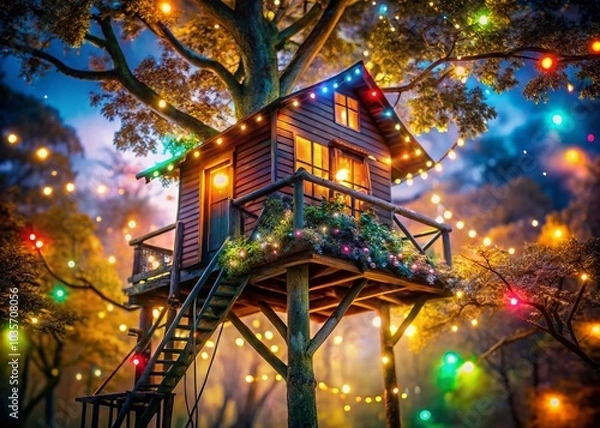 Fototapeta Enchanting Nighttime Tree House with Twinkling Lights in Tilt-Shift Style for Captivating 4K Timelapse Video Background