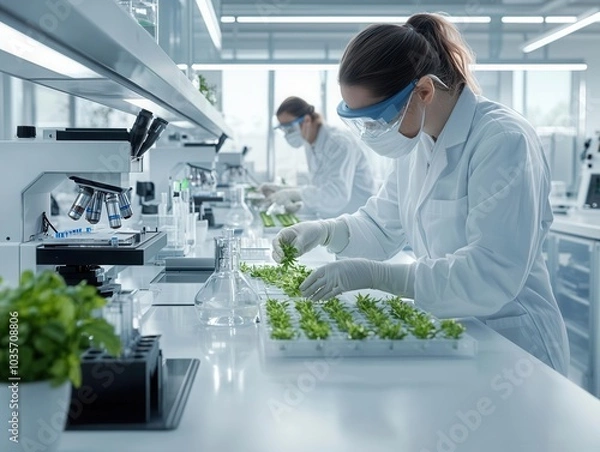 Fototapeta Scientists in lab coats work with plants in a modern lab, focusing on research and experimentation under bright, sterile conditions.
