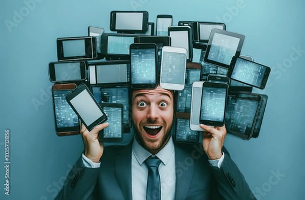 Fototapeta Businessman excitedly and busy with digital devices with screens surrounding his head, symbolizing the overload of information and job