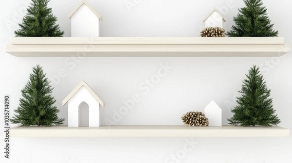 Fototapeta A well-designed Scandinavian nursery showcases a wooden shelf adorned with vibrant hanging toys, creating a cheerful atmosphere for a baby room or playroom