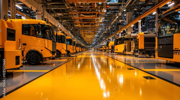 Fototapeta modern industrial facility showcasing row of yellow automated vehicles lined up on bright yellow floor. environment reflects advanced technology and efficiency in manufacturing