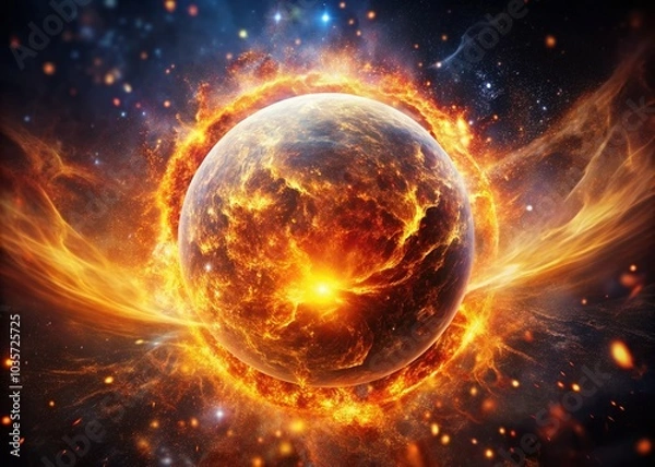 Fototapeta Futuristic Cosmic Energy Sphere with Swirling Fire and Particles for Dynamic Product Photography