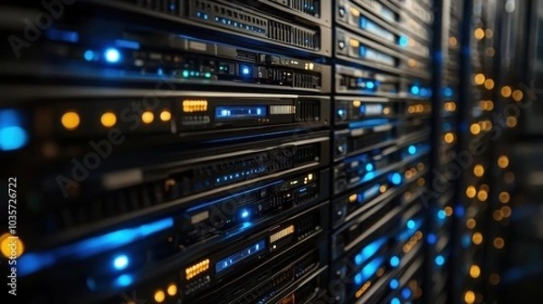 Fototapeta Dynamic Server Space with Blue and Orange Lights