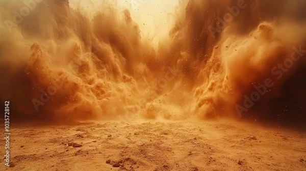 Fototapeta intense dust cloud billowing from the ground resembling a sandstorm in the desert capturing the dynamic movement of particles with a realistic effect of flying dirt and soil