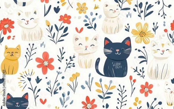 Fototapeta A seamless vector pattern featuring cute cats and flowers in a playful doodle style, showcasing whimsical designs and vibrant colors for a fun and charming aesthetic
