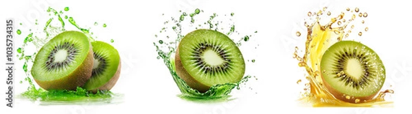 Fototapeta Kiwifruit halves with juice splashes isolated on transparent PNG background perfect for fruit illustrations or beverage designs