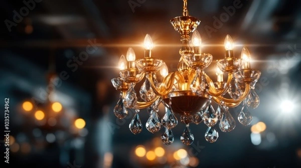 Fototapeta A magnificent crystal chandelier hangs elegantly, casting sparkling reflections and a warm glow in a dimly lit room, showcasing luxury and timeless beauty.