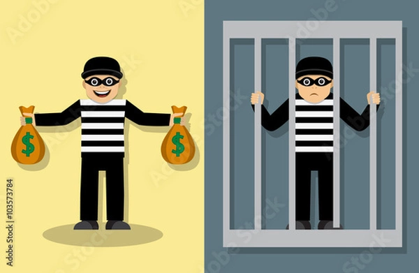 Obraz joyful thief in a mask standing and holding bags of money. Sad thief is in jail