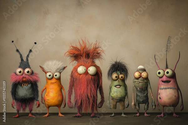 Fototapeta A mugshot of colorful junkie alien monsters on a plain background