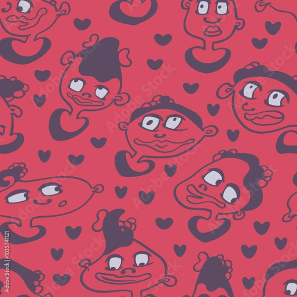 Fototapeta Seamless background with funny faces of anthropomorphic creatures. Humorous characters with different emotion