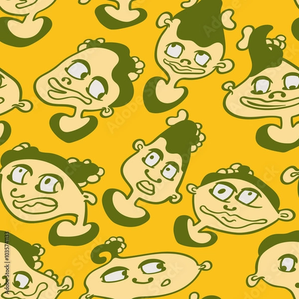 Fototapeta Seamless background with funny faces of anthropomorphic creatures. Humorous characters with different emotion