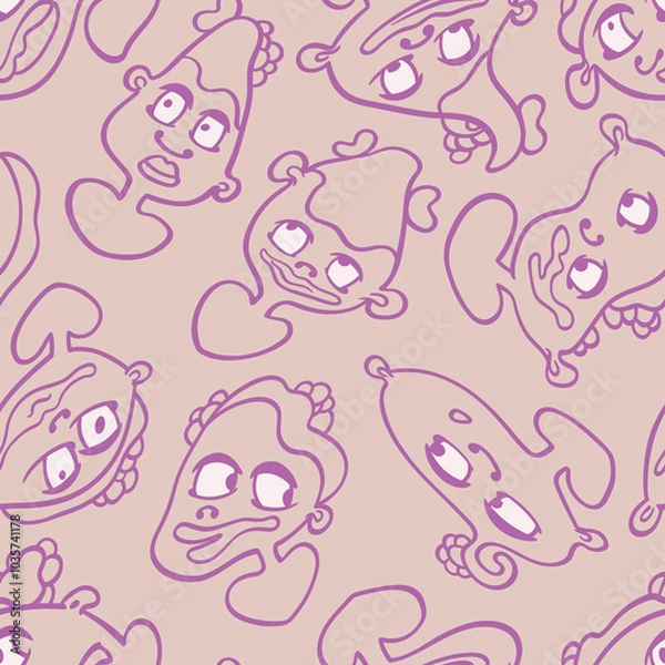 Fototapeta Seamless background with funny faces of anthropomorphic creatures. Humorous characters with different emotion