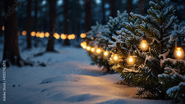 Fototapeta Trees Wrapped in Glowing Fairy Lights in Snow