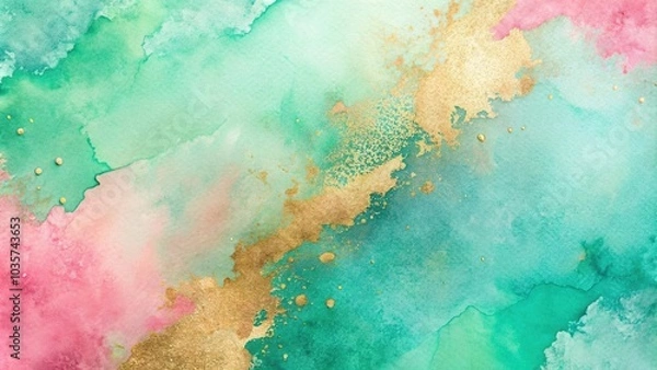 Obraz Abstract watercolor paint background pastel green aquamarine pink color and golden Asymmetrical